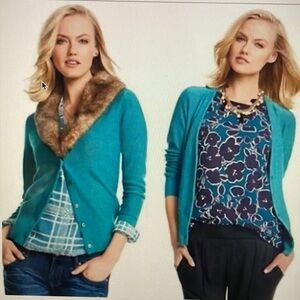 Cabi Teal Tearoom Cardigan With Removable Fur Collar. Size medium